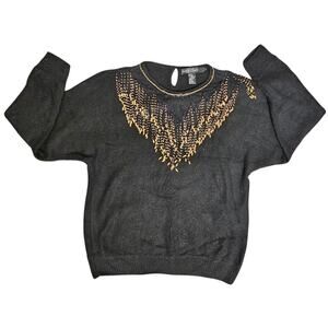 Vintage Work in Progress Sweater Beaded Lace Womens 3XL Black Gold Pullover Knit